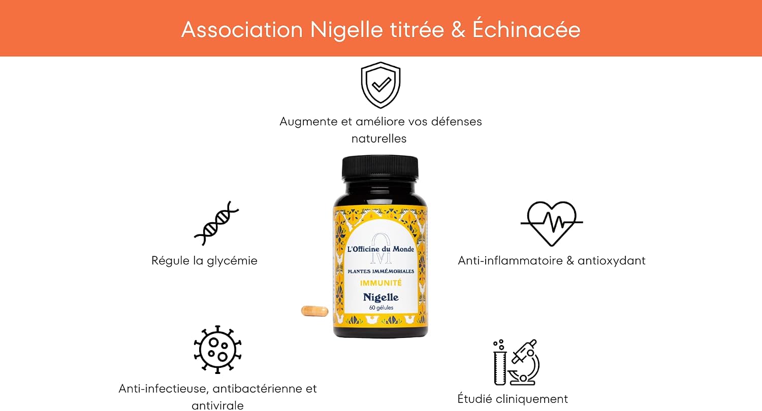 Immunité - Augmente vos défenses immunitaires - Formulé par un Pharmacien - Gélules de Nigelle titrée à 20% de Thymoquinone, Echinacea Purpurea, Zinc et Vitamine D3 - Cure de 2 mois - Vegan