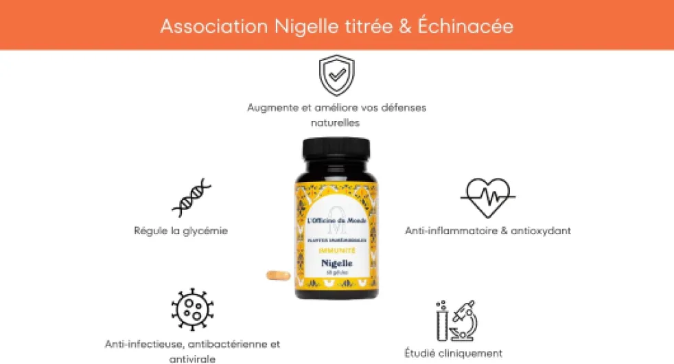 Immunité - Augmente vos défenses immunitaires - Formulé par un Pharmacien - Gélules de Nigelle titrée à 20% de Thymoquinone, Echinacea Purpurea, Zinc et Vitamine D3 - Cure de 2 mois - Vegan