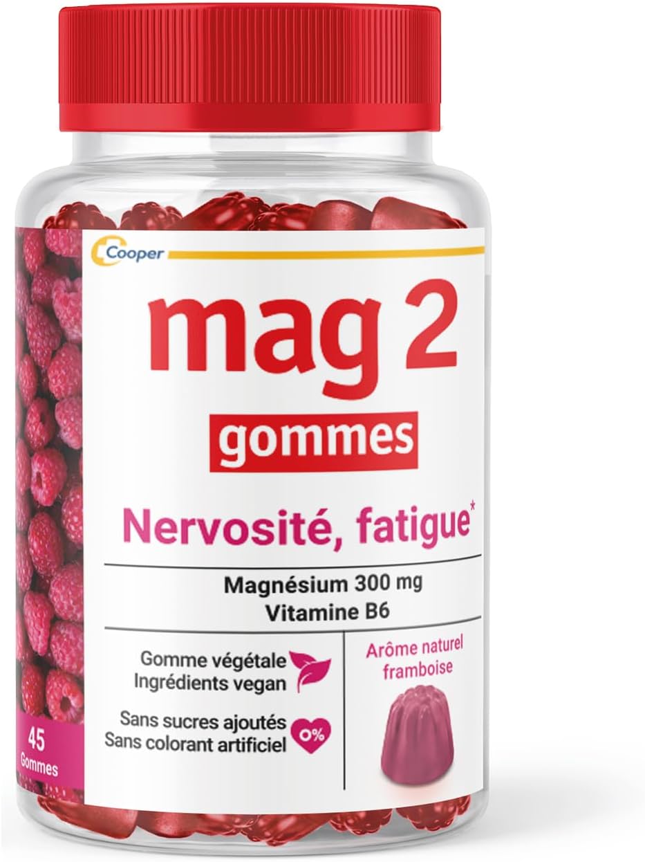 MAG 2 - Gommes framboise - Magnésium et vitamine B6 - Anti-nervosité et anti-fatigue - Sans sucres ajoutés - Complément alimentaire - 45 gommes - Elu produit de l'année 2023