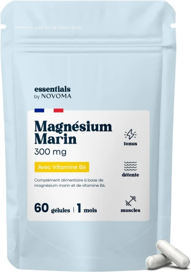 Magnésium Marin + Vitamine B6, Combat la Fatigue et le Stress, Cure de 1 mois, 60 Gélules Végétales, Magnesium Pur 300 mg/jour, Fabriqué en France, Essentials by Novoma