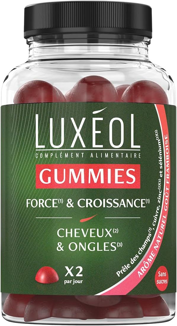 LUXÉOL - 60 Gummies Force & Croissance - Complément Alimentaire Cheveux & Ongles - Fortification - Arôme Naturel Framboise - Sans Sucres - Fabriqué En France - Programme 1 Mois