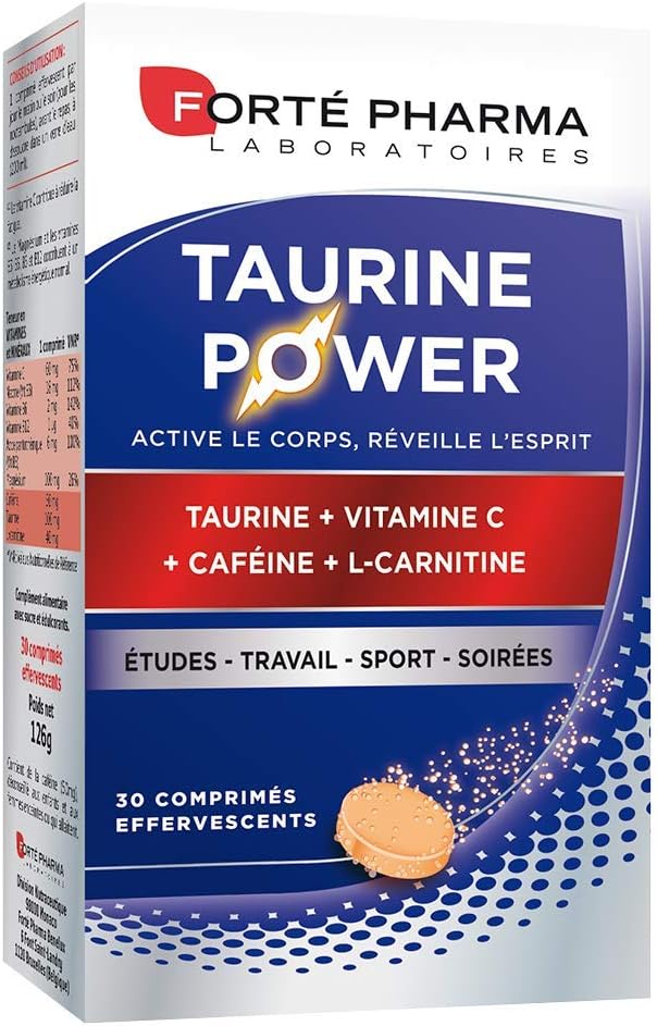 Taurine Power - Complément Alimentaire - Booster d'Énergie, Anti fatigue, Coup de boost - Caféine, Vitamine C, L-Carnitine, Magnésium - Goût Agrumes, 30 comprimés effervescents, 1/jour Taurine Power Effervescent