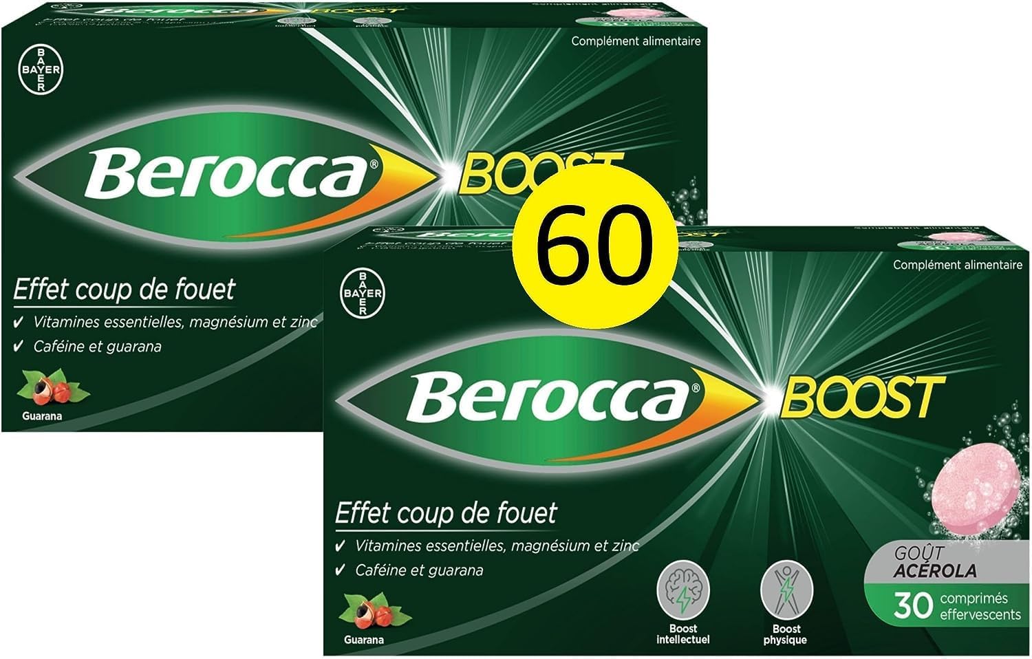 Berocca® Boost - Effet coup de fouet - Aide à réduire la fatigue -Vitamine B12, Guarana, Caféine, Vitamine C et Magnésium, Goût Acérola - Complément Alimentaire - 2x30 cp effervescents Comprimés effervescents