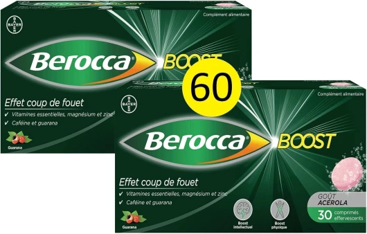 Berocca® Boost - Effet coup de fouet - Aide à réduire la fatigue -Vitamine B12, Guarana, Caféine, Vitamine C et Magnésium, Goût Acérola - Complément Alimentaire - 2x30 cp effervescents Comprimés effervescents