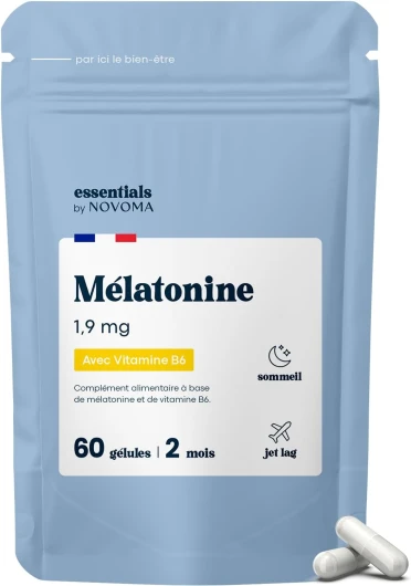 Mélatonine 1,9mg, Endormissement Rapide, Sommeil Naturel & Jet Lag, Cure de 2 mois, 60 Gélules Végétales, Complément Alimentaire pour Mieux Dormir, Fabriqué en France, Essentials by Novoma