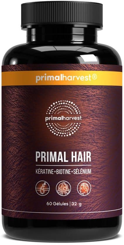 Primal Hair par Primal Harvest - Complément pour la vitalité des cheveux avec du sélénium, du zinc, de la kératine, de la biotine, du sélénium et un complexe de vitamines B, pour hommes et femmes, mul