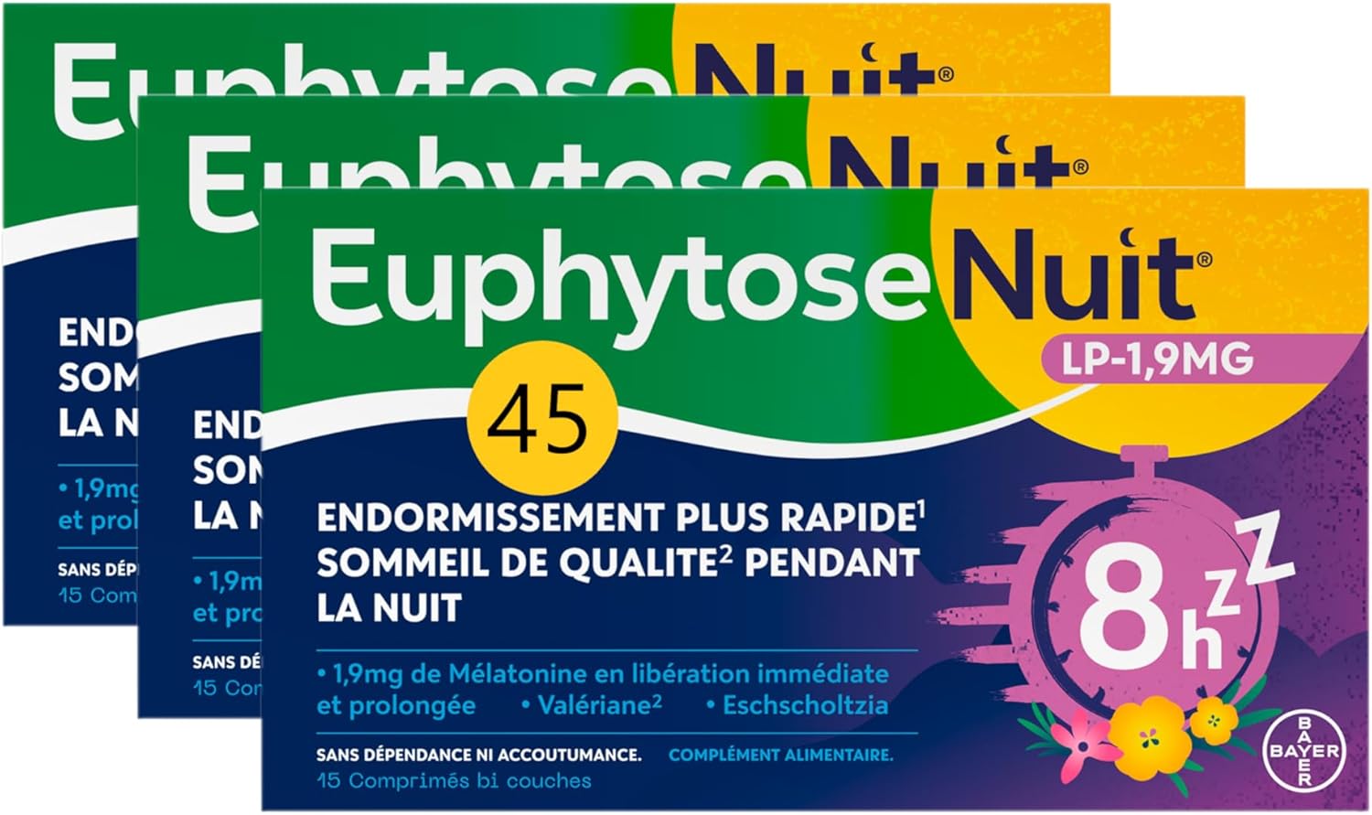 EuphytoseNuit® LP 1,9mg - Complément alimentaire adulte - Mélatonine 1,9mg - Libération prolongée 8H - Valériane : Nuit complète de sommeil - 3 Packs 15 comprimés - 45 Nuits - Fabriqué en France