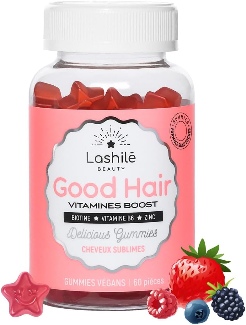 Good Hair Vitamins - Pousse Croissance & Fortification des cheveux - Compléments Alimentaires - Made in France - Biotine, Zinc, Vitamine B8, C, B6 - Cure 1 mois - 60 Gummies 1 unité (Lot de 1)