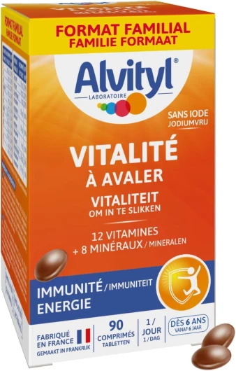 Alvityl - Comprimés Vitalité - 12 vitamines et 8 minéraux - Dès 6 ans - Maxi Format 90 comprimés Chocolat 90 unité (Lot de 1)