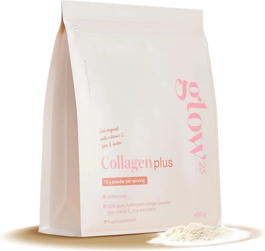 Glow25® Collagène Plus [450g] - avec Vitamine C, Zinc et Biotine - Hydrolysat de Collagène Premium - Peptides Type 1 et 3 - Haute Solubilité - Collagen