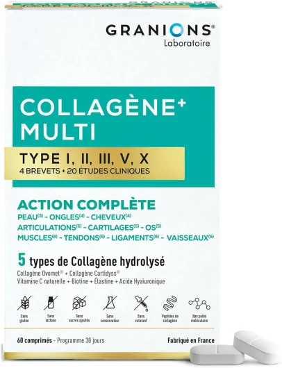 MULTI Collagene - 5 Types de Collagène - GRANIONS Collagène N°1 en Pharmacies - Collagene Marin, Collagene Type 2 - Vitamine C et Acide Hyaluronique - 20 études cliniques - 60 Comprimés = 1 mois Collagène multi type