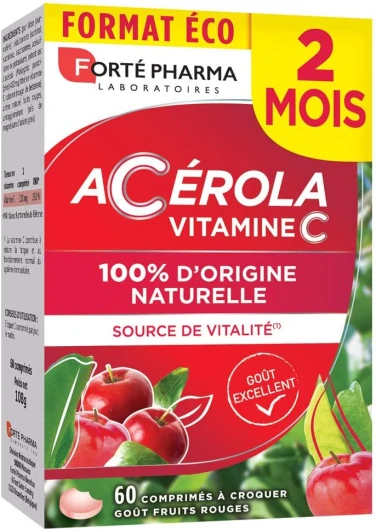 Acérola - Vitamine C Naturelle à Croquer dès 12 ans - Complement alimentaire réduction de la fatigue - 60 comprimés, 1/jour Acérola Vitamine C à Croquer