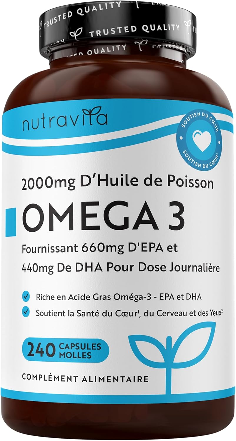 Omega 3 Huile de Poissons Sauvages 2000mg - 240 Gélules (120 Jours) - Haute Concentration en EPA (660mg) & DHA (440mg) Soutien Fonction Cardiaque et une Vision Normale - Fabriqué par Nutravita