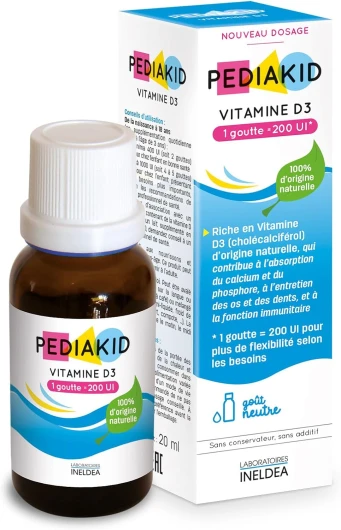 PEDIAKID - Vitamine D3 100% d'origine naturelle - Renforcement des défenses naturelles - Dès la naissance - Couvre 200% des apports journaliers recommandés - Flacon de 20ml Unitaire