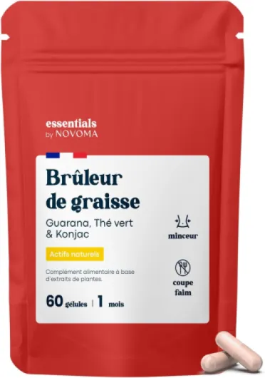 Bruleur de Graisse Puissant, Formule Minceur avec Guarana, Thé Vert & Konjac, Coupe Faim Naturel, Complément Perte de Poids, Cure de 1 mois, 60 Gélules, Fabriqué en France, Essentials by Novoma