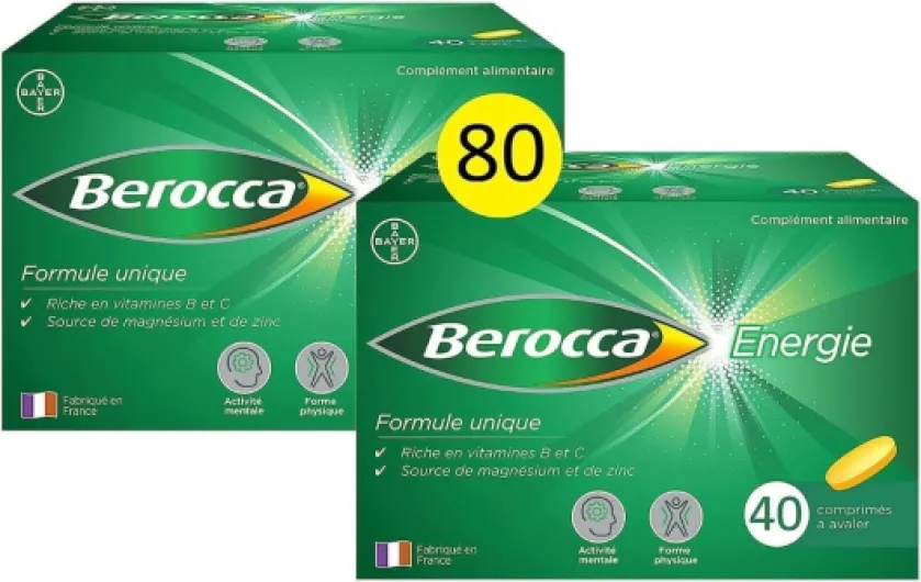 Berocca® Energie - Complément alimentaire - Multivitamines et Minéraux - Vitamine C, B3, B5, B1, B12, Calcium, Magnésium et Zinc - Aide à réduire la fatigue grâce à la vitamine C - 2x40 cps à avaler