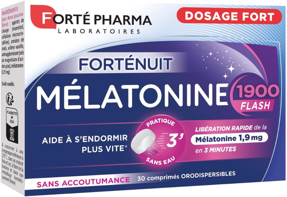 Mélatonine 1900 Flash - Mélatonine 1,9 mg dosage max, Action rapide - Complément Alimentaire Sommeil Adulte - Pour dormir, décalage horaire, jetlag - 30 comprimés orodispersibles Mélatonine 1900 Flash - 30 comprimés