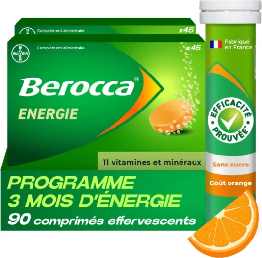 Berocca Energie Orange - Multivitamines et Minéraux - Vitamine C, B3, B5, B1, B12, Calcium, Magnésium et Zinc - Complément alimentaire - Aide à réduire la fatigue - 2x45 comprimés effervescents