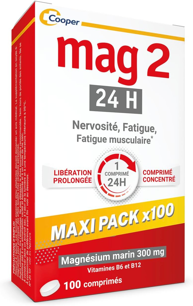 MAG 2-24H – Magnésium, vitamine B6 et B12 - Anti-nervosité et anti-fatigue - Complément alimentaire - Programme de 3,5 mois - 100 comprimés libération prolongée