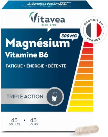 VITAVEA BIEN-ETRE - Magnésium 300 mg Vitamine B6 - Complément Alimentaire Fatigue, Détente, Energie, Relaxation, Equilibre Nerveux - Magnesium B6-45 gélules - Cure de 45 jours - Fabriqué en France 45 unité (Lot de 1) 45 gélules
