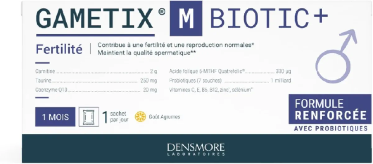 Densmore - GAMETIX M BIOTIC+ Formule avec Probiotiques - Fertilité Masculine - Carnitine, Coenzyme Q10, Zinc, Vitamines - Complément Alimentaire Homme - 30 Sachets - 1 Mois - Fabriqué en France