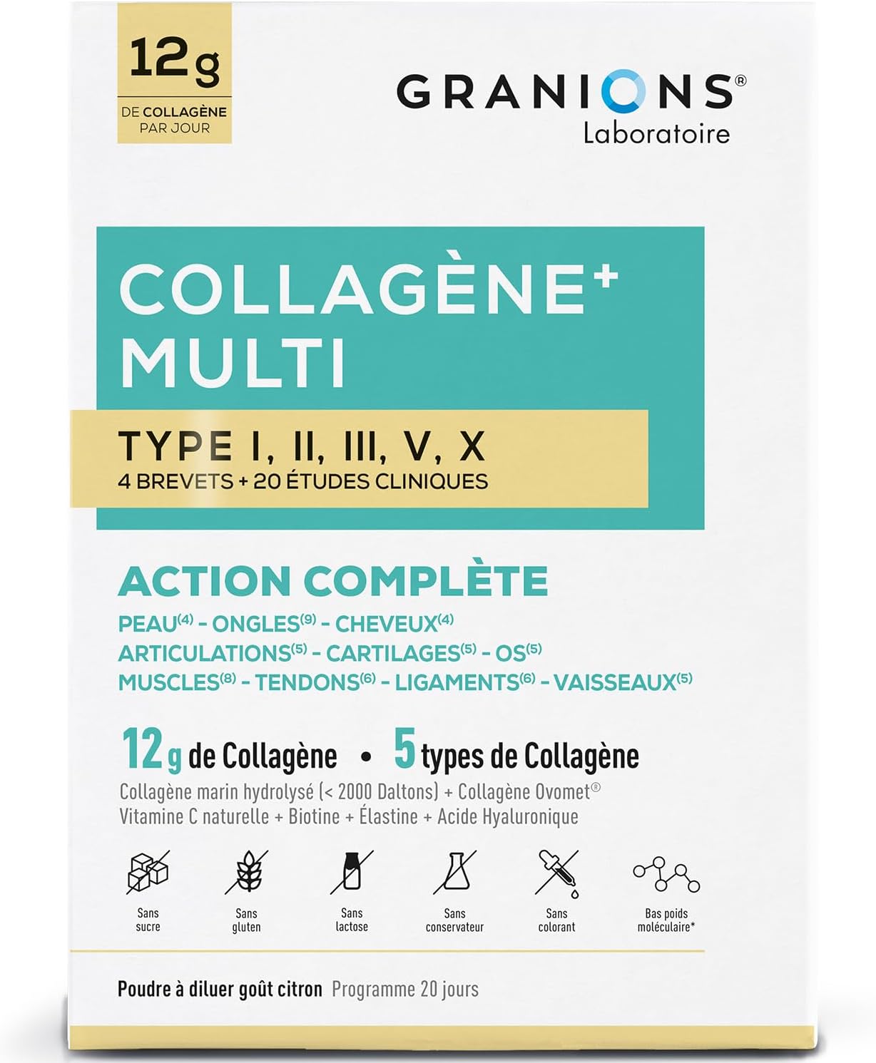 MULTI Collagene - 5 Types de Collagène - GRANIONS Collagène N°1 en Pharmacies - Collagene et Acide Hyaluronique - Marin Poudre - Collagene Marin + Vitamine C - 20 études cliniques - Goût Citron 260 g