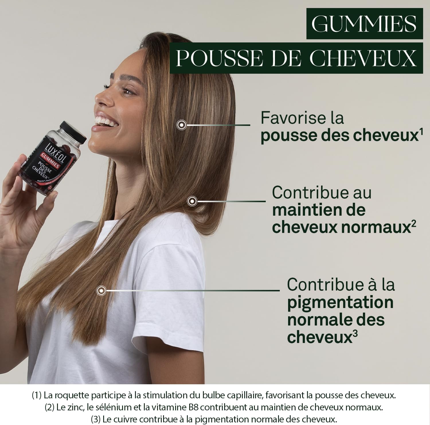 Gummies Pousse Cheveux - Complément Alimentaire - Stimule Le Bulbe Capillaire - Plante, Minéraux, Vitamines - Arôme Fraise, Sans Sucres - Fabriqué En France - Programme 1 mois - 60 Gummies 60 unité (Lot de 1)