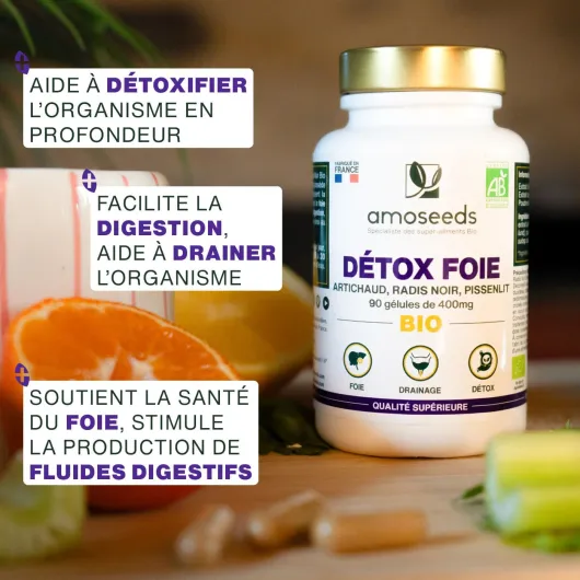 Détox Foie BIO - Puissant Détoxifiant, Draineur, Améliore la Digestion - Artichaut, Radis Noir, Pissenlit - 90 Gélules Vegan - Qualité Supérieure, Fabriqué en France