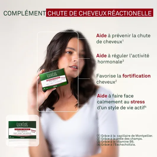 LUXÉOL - Chute De Cheveux Réactionnelle - Aide À Prévenir Chute De Cheveux Passagère - Stress, Fatigue, Post-Grossesse - Capillaire De Montpellier - Fabriqué En France - Programme 3 Mois - 90 Gélules