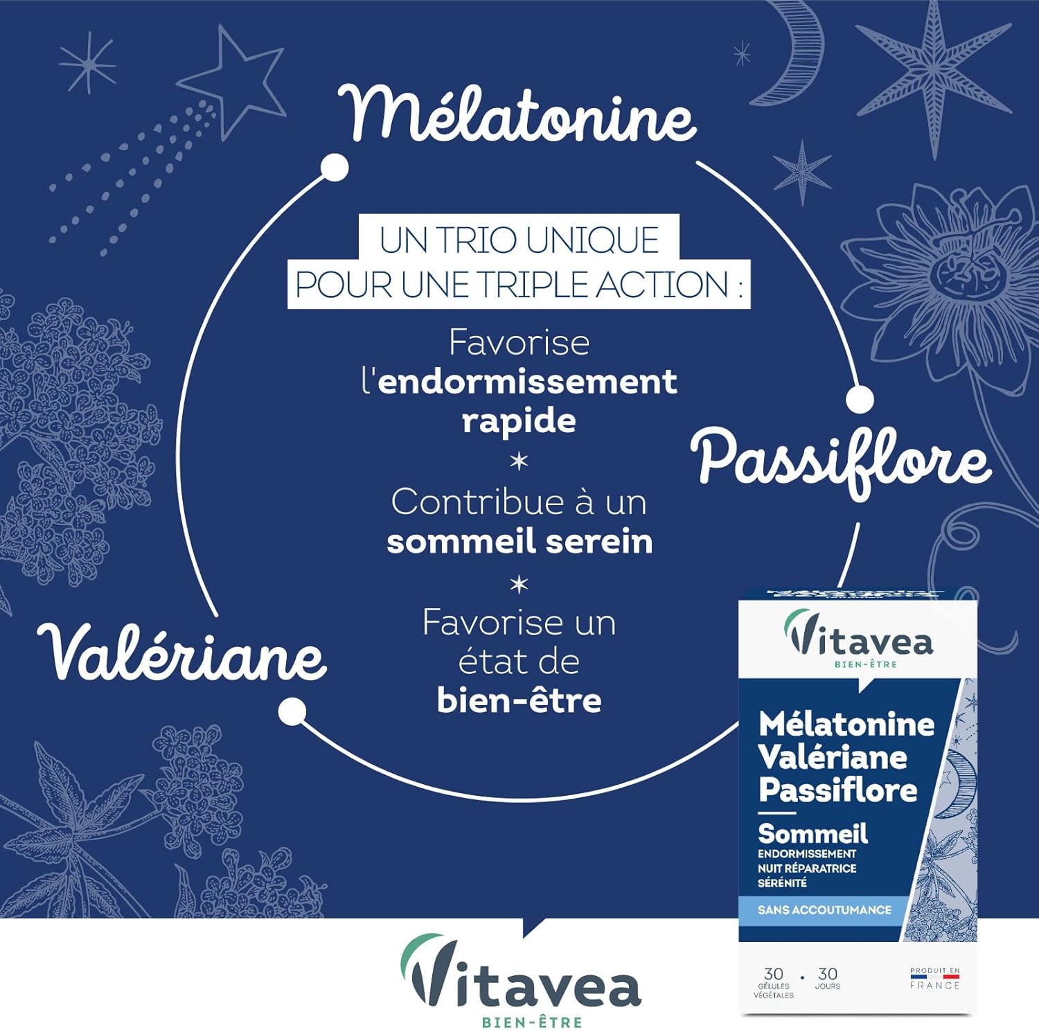 VITAVEA BIEN-ETRE - Mélatonine Valériane Passiflore - Complément Alimentaire Sommeil Adulte - Endormissement Rapide, Nuit Réparatrice - Sans accoutumance - 30 gélules - Cure de 1 mois Bleu Marine 30 unité (Lot de 1)