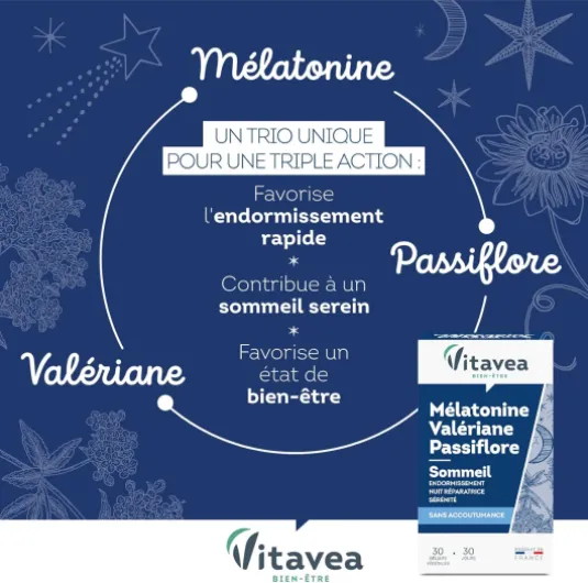 VITAVEA BIEN-ETRE - Mélatonine Valériane Passiflore - Complément Alimentaire Sommeil Adulte - Endormissement Rapide, Nuit Réparatrice - Sans accoutumance - 30 gélules - Cure de 1 mois Bleu Marine 30 unité (Lot de 1)