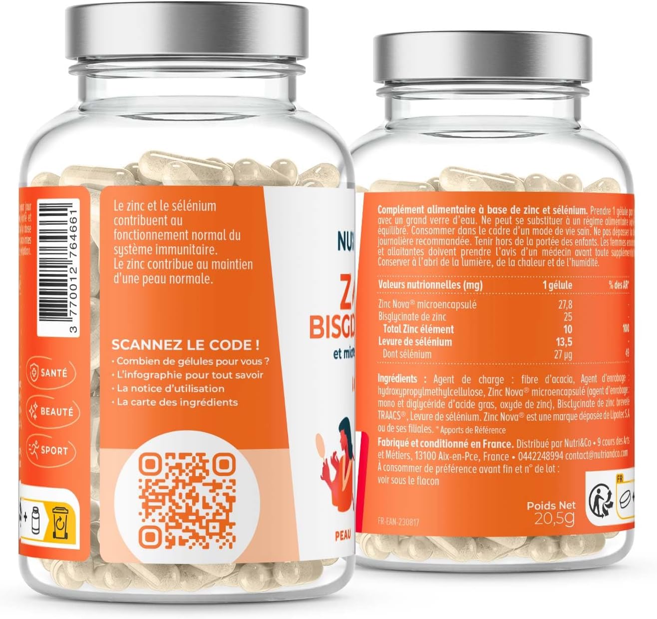 NUTRI & CO Zinc Bisglycinate Breveté TRAACS® + Sélénium - Haute Absorption 100% des AR en 1 gélule - Complément Alimentaire Immunité Peau Cheveux Fertilité - 60 gélules - Fabriqué en France