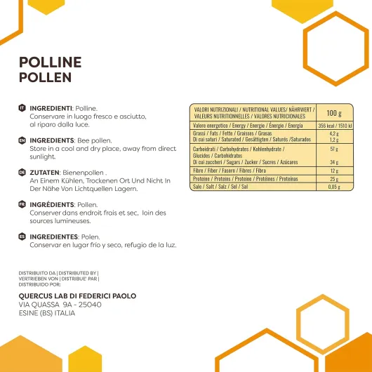 Pollen d'Abeille 200 g, Multivitamines à haute teneur en Vitamines, Fer, Zinc et Magnésium, 100% pur de haute qualité, Made in Italy, Matière Première pour la Gelée Royale 200 g (Lot de 1)