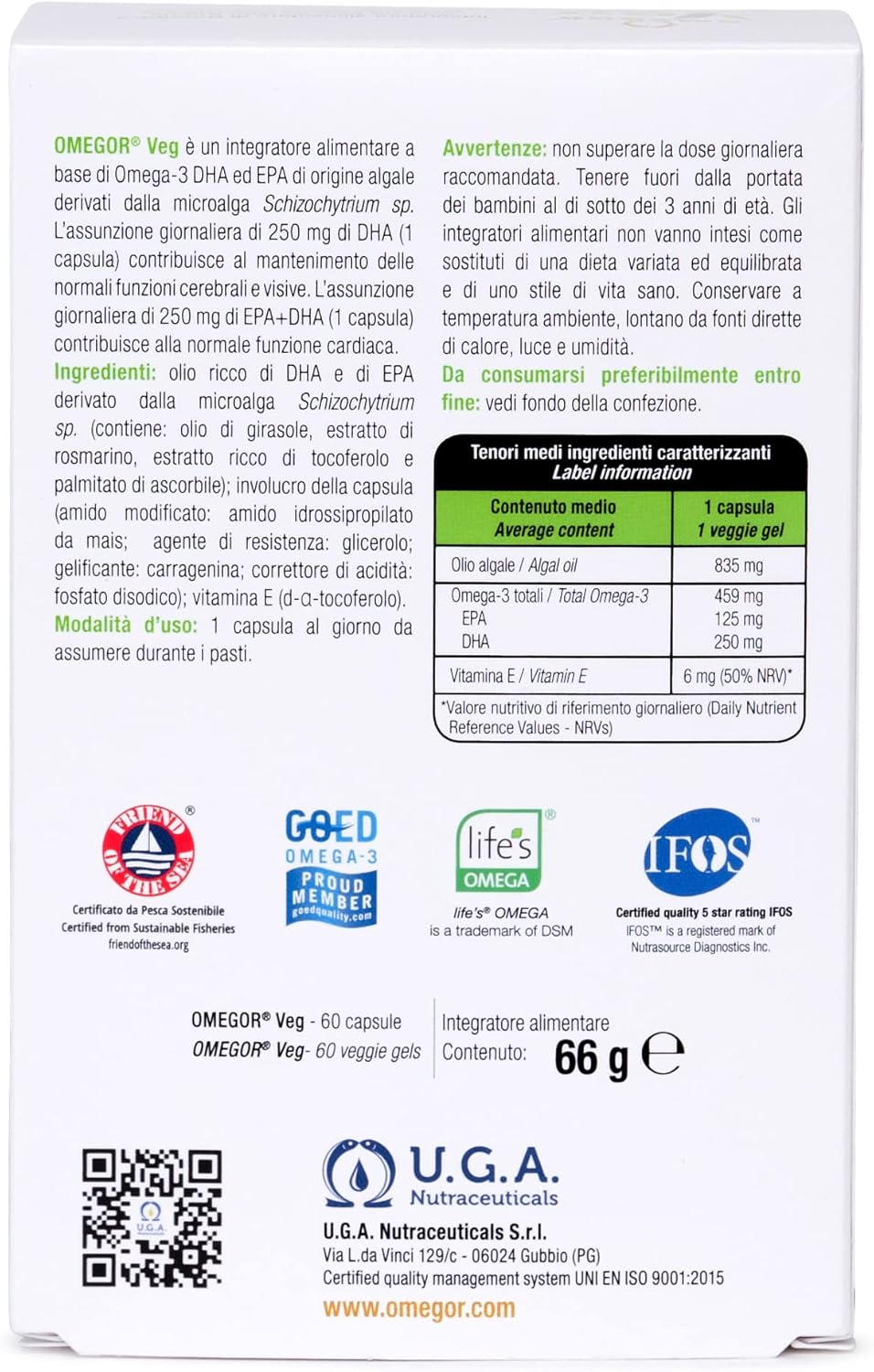 Veg - Huile de plantes dérivées d’Huile d’ Algues Durables - Le seul certificat IFOS - 250 mg de DHA et 125 mg d'EPA pour la capsule - 60 gélules, approvisionnement en 2 mois - 100% végétalien