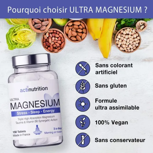 ULTRA Magnésium - Bisglycinate, Citrate et Malate de Magnésium Ultra-assimilables - 414mg/j 150 comprimés - Taurine et B6 - Stress, Sommeil et Vitalité - Fabriqué en France par Actinutrition