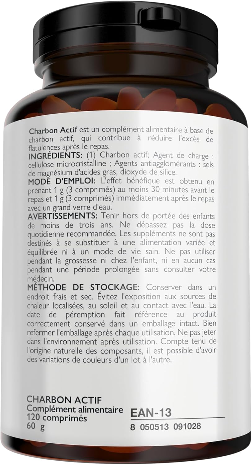 Nutracle Charbon Actif Végétal 120 comprimés de 500 mg - Complément contre les Ballonnements Abdominaux et les Gaz Intestinaux Flatulences pour Hommes et Femmes