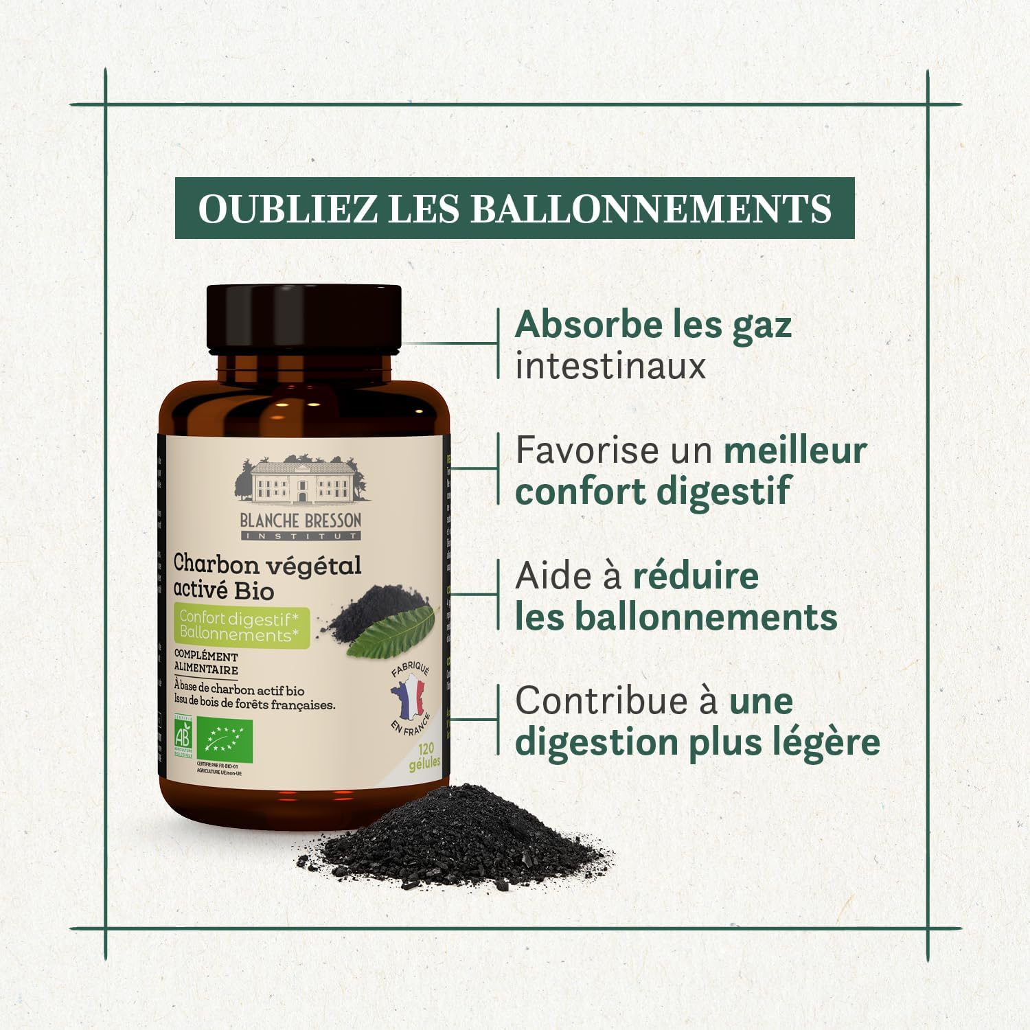 BLANCHE BRESSON - Charbon Végétal Activé BIO - Confort Digestif & Ballonnements - Troubles Digestifs, Lourdeurs Abdominales, Flatulences - 120 gélules - Cure de 30 jours - Fabriqué en France 120 unité (Lot de 1)