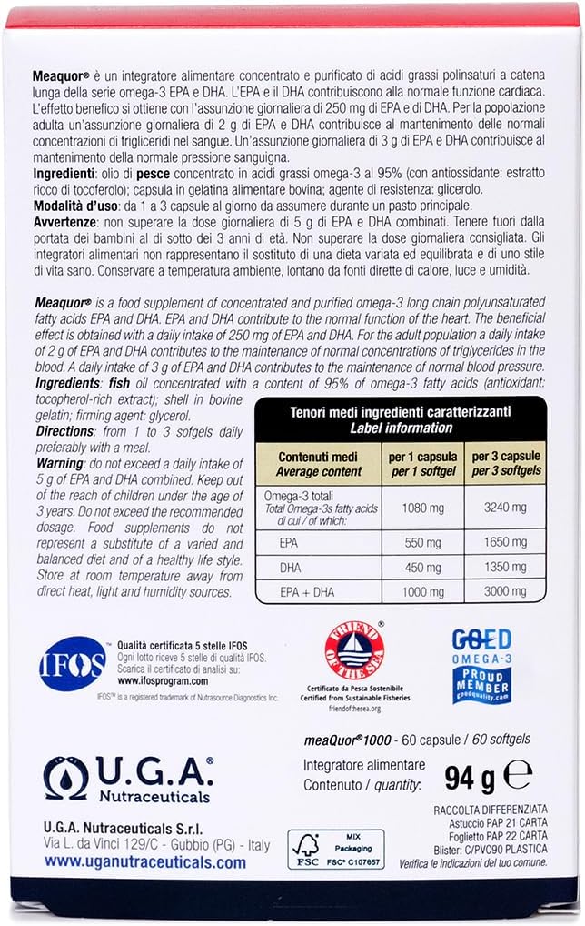 Meaquor 1000 Oméga-3 IFOS 5-Star Certificat (60 gélules) - 1000mg de dose EPA et DHA, 95% d'Oméga 3 - Sans métaux lourds, sans arrière-goût