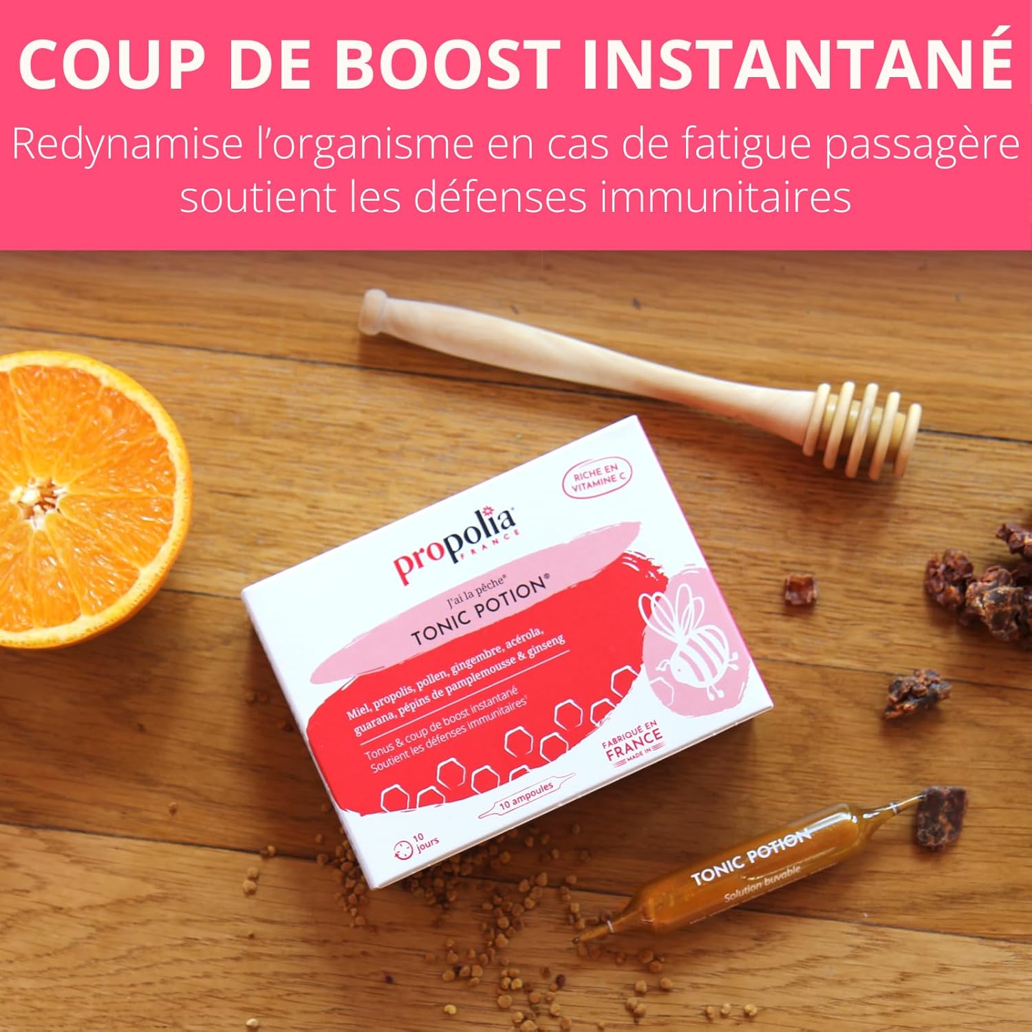 Tonic Potion - Complément alimentaire Tonus & Immunité - Boost d'énergie - Miel, Propolis, Pollen, Gingembre, Acérola, Guarana, Ginseng - Fabriqué en France - 10 Ampoules