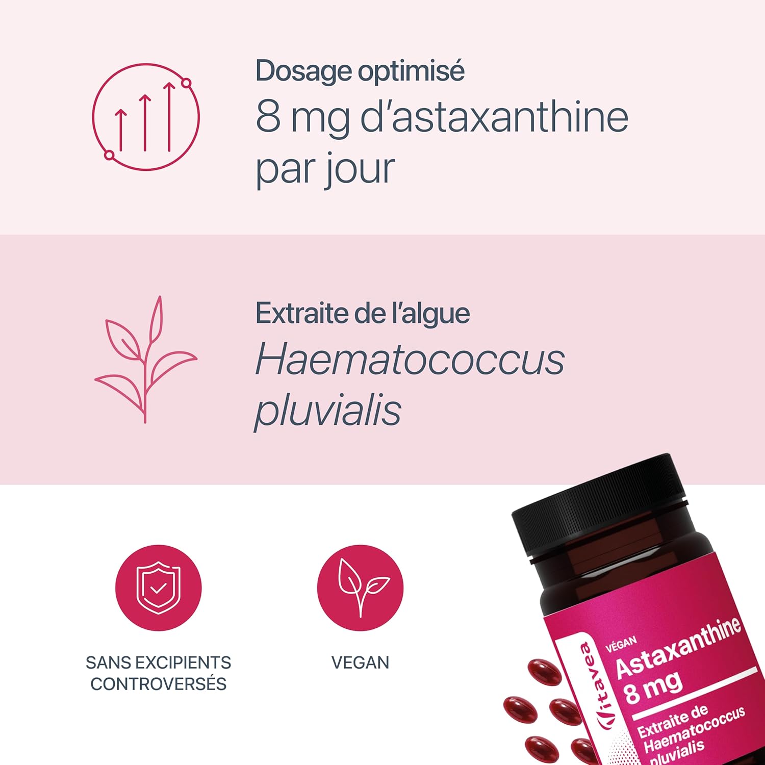 Astaxanthine - 80 mg d'Extrait de Haematococcus Pluvialis dont 8mg d'Astaxanthine – Antioxydant 100% Naturel – 60 capsules – Vegan – Fabriqué en France – Vitavea