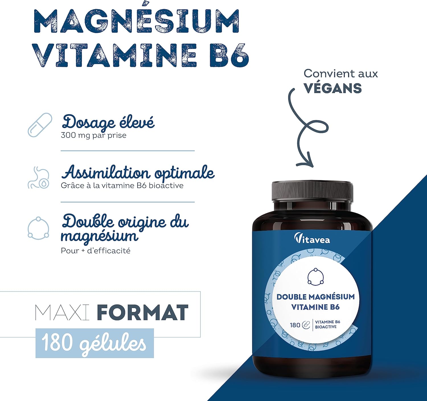 Magnésium bisglycinate et marin, vitamine B6 - Haut dosage 300 mg - Fatigue, stress, sommeil - 180 gélules végétales, 3 mois - Haute assimilation, bonne tolérance - Vegan, Fabriqué en France - Vitavea