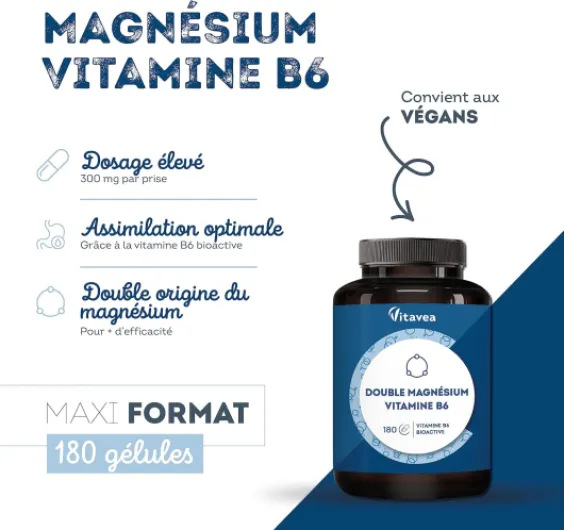 Magnésium bisglycinate et marin, vitamine B6 - Haut dosage 300 mg - Fatigue, stress, sommeil - 180 gélules végétales, 3 mois - Haute assimilation, bonne tolérance - Vegan, Fabriqué en France - Vitavea
