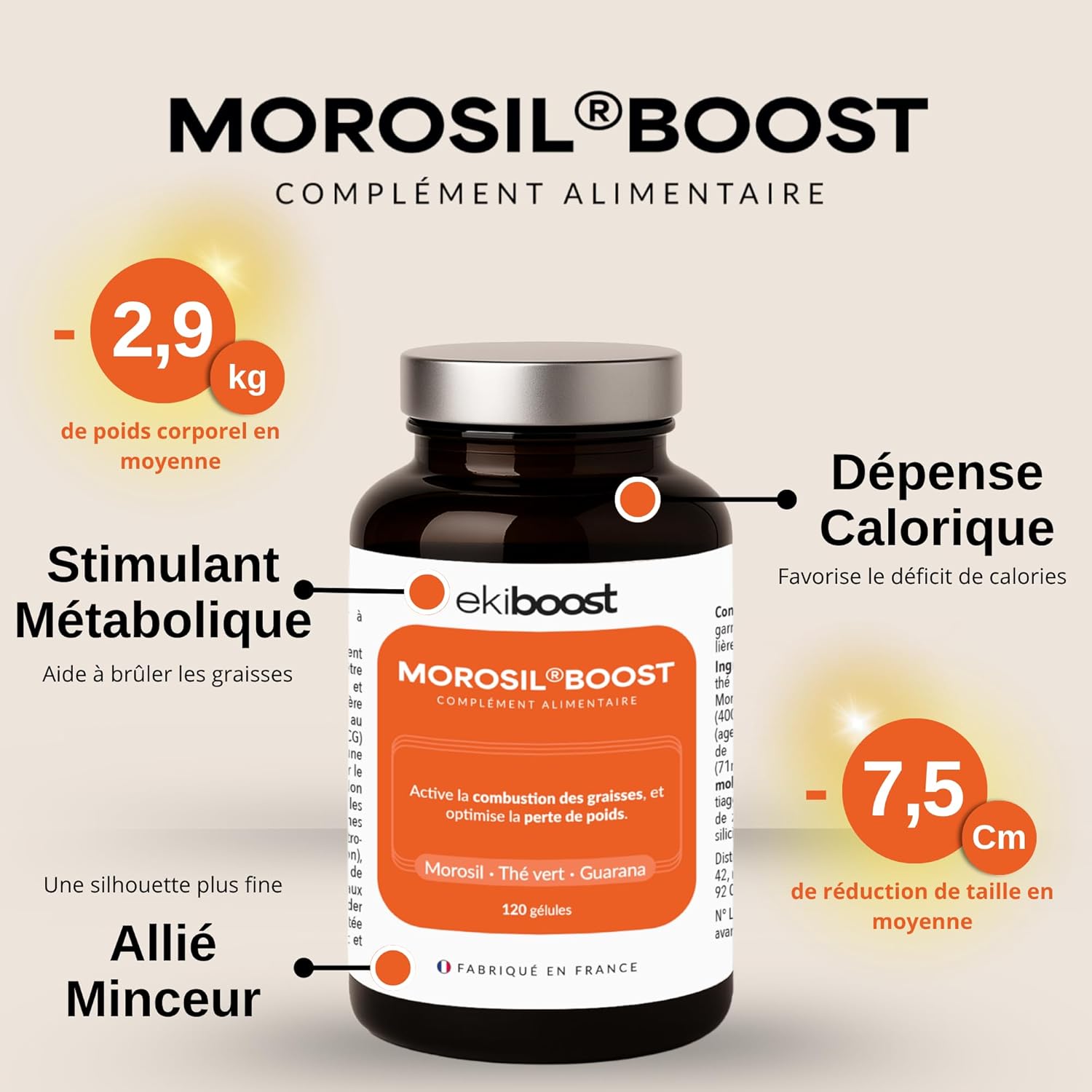 MOROSIL BOOST - Brûleur de graisses hautement dosé - Complément minceur - Thé Vert - Guarana & Zinc - Minceur Homme & femme - Ekiboost - Morosil® - Fabriqué & Conditionné en France - 120 Gélules