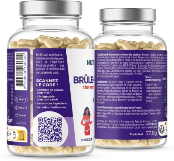 NUTRI & CO Brûle-Graisse Puissant & Naturel Thé Vert + Agrumes - Perte de Poids Rapide & Efficace - Complément Alimentaire Minceur & Ventre Plat - Cure 1mois - 60 gélules Vegan Fabriqué en France