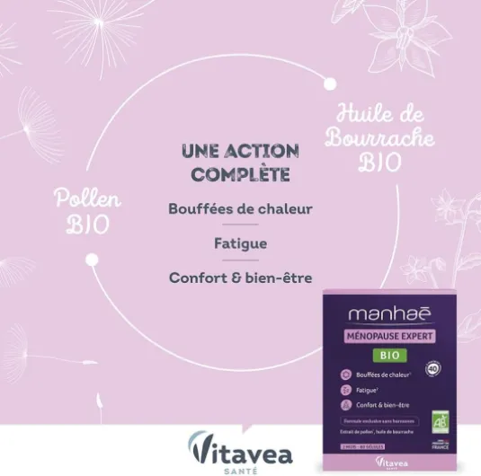 Santé - Manhaé - Ménopause Expert BIO - Complément alimentaire ménopause sans hormones - Bouffées de chaleur, fatigue, bien-être - Pollen, Huile de bourrache - 60 gélules-Fabriqué en France