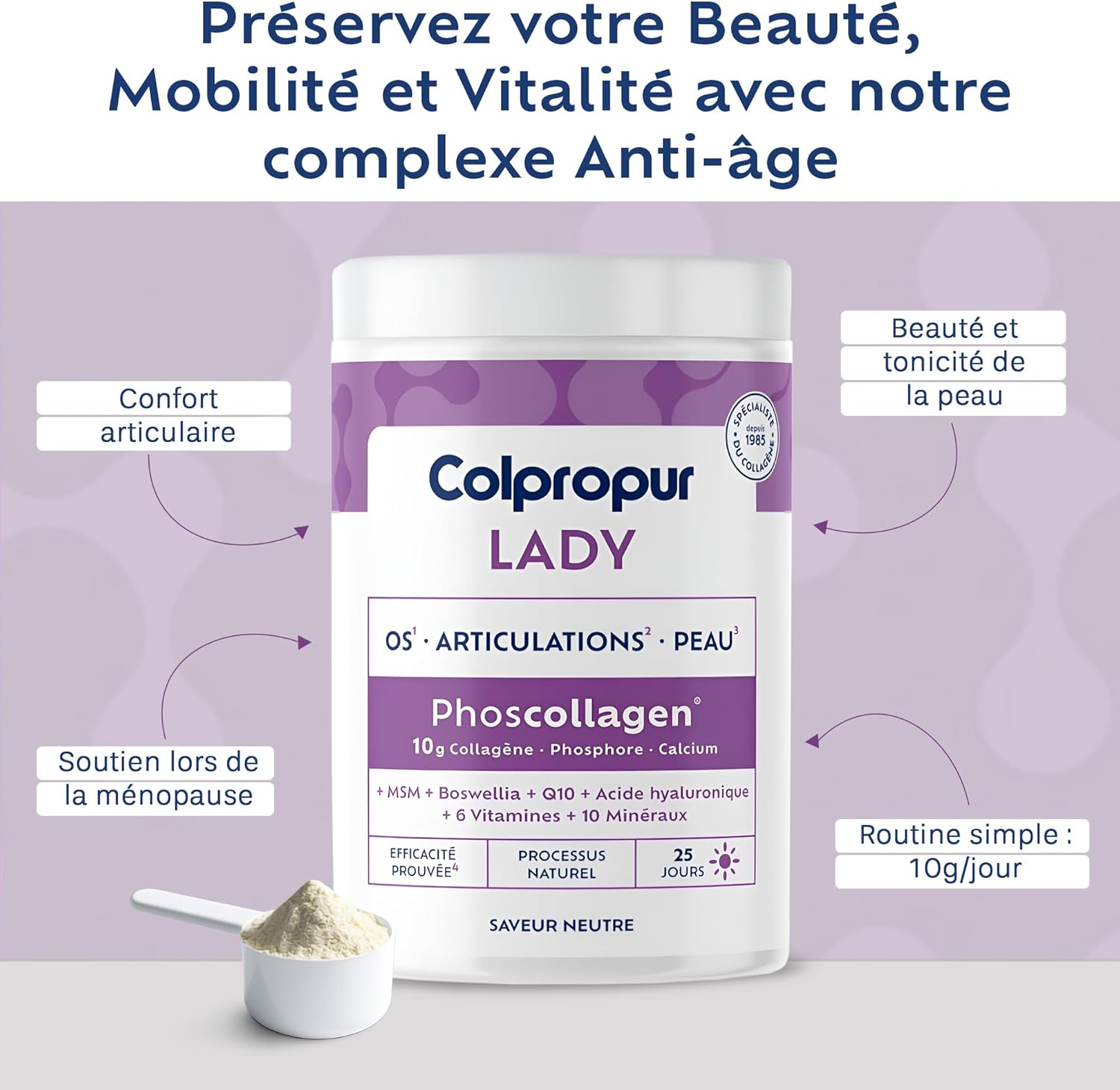 COLLAGENE Poudre Spécial Ménopause - 25 jours - Saveur Neutre - Complément Alimentaire Femme - Collagène Hydrolysé, Vitamine C - Anti-âge & Renfort Os - Sans OGM ni Additif - COLPROPUR Lady