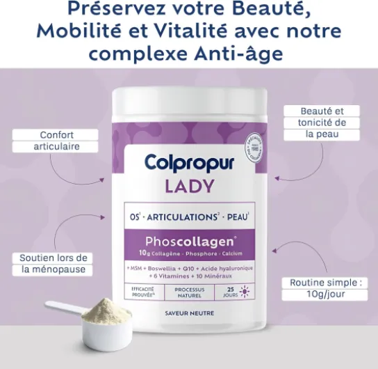 COLLAGENE Poudre Spécial Ménopause - 25 jours - Saveur Neutre - Complément Alimentaire Femme - Collagène Hydrolysé, Vitamine C - Anti-âge & Renfort Os - Sans OGM ni Additif - COLPROPUR Lady