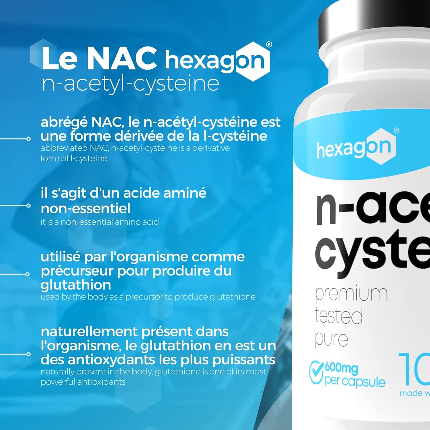 NAC N-Acetyl-Cysteine 600mg - +3 Mois De Cure - Antioxydant & Détoxifiant - Made in France - Boost Glutathion - Detox Foie & Protection - 100 Gélules Végétales - Vegan - Sans Additifs - Hexagon