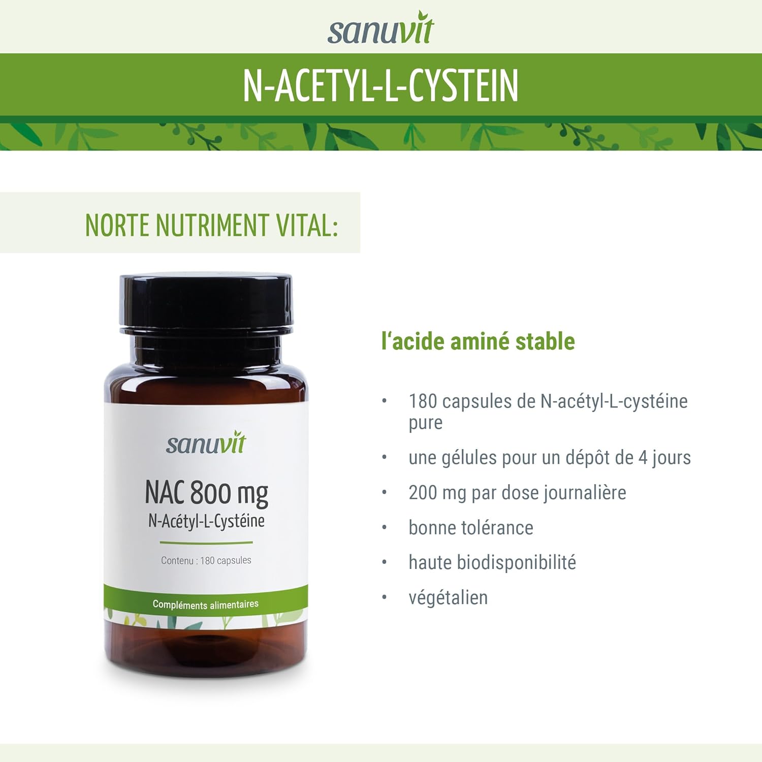 Sanuvit® - NAC - 180 capsules - N-acétyl-L-cystéine - Haute biodisponibilité et tolérance - Végétalien