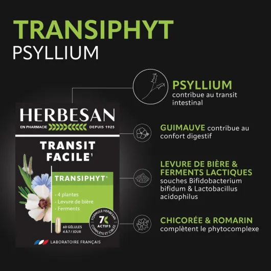 ®-TRANSIPHYT - NOUVELLE FORMULE - Triple actions : Transit naturel, Bien-être digestif, Microbiote intestinal -Complexe de 4 Plantes, Levure de bière et Ferments lactiques - 60 Gélules Blanc 1 unité (Lot de 1)
